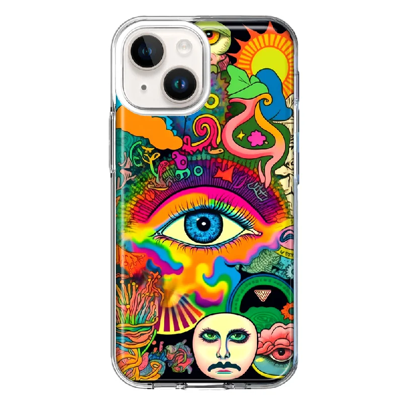 For Apple iPhone 15 Plus Neon Rainbow Psychedelic Trippy Hippie Multiple Eyes Case Cover