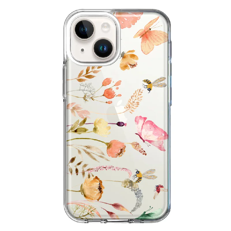 For Apple iPhone 15 Plus Peach Meadow Wildflowers Butterflies Bees Watercolor Floral Case Cover