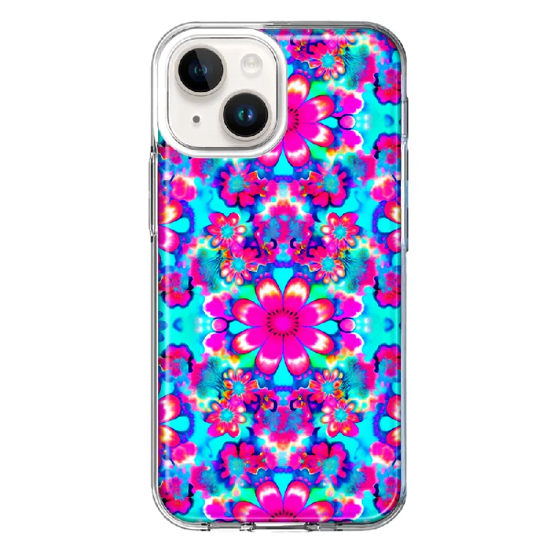 For Apple iPhone 15 Plus Pink Blue Vintage Hippie Tie Dye Flowers Case Cover