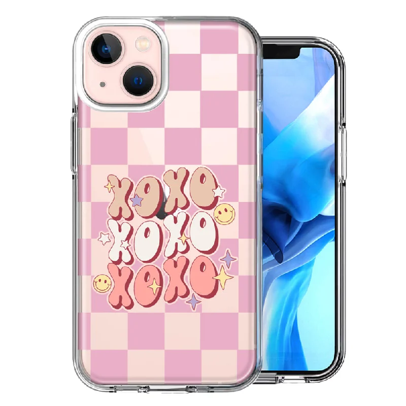 For Apple iPhone 15 Plus Retro Pink Checkered XOXO Vintage 70s Style Hippie Valentine Love Case Cover