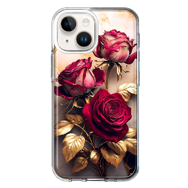 For Apple iPhone 15 Plus Romantic Elegant Gold Marble Red Roses Case Cover