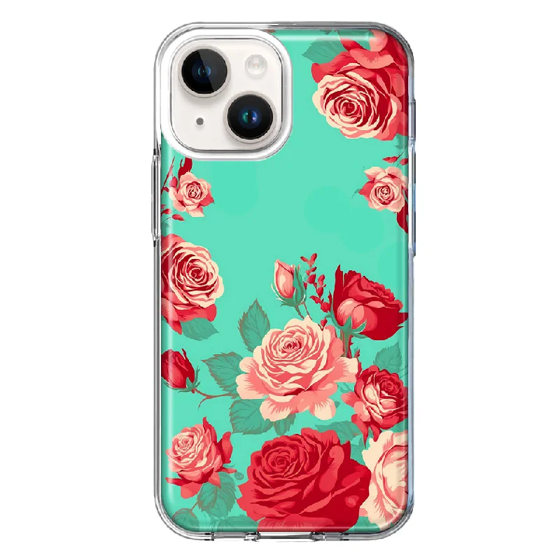 For Apple iPhone 15 Plus Turquoise Teal Vintage Pastel Pink Red Roses Case Cover