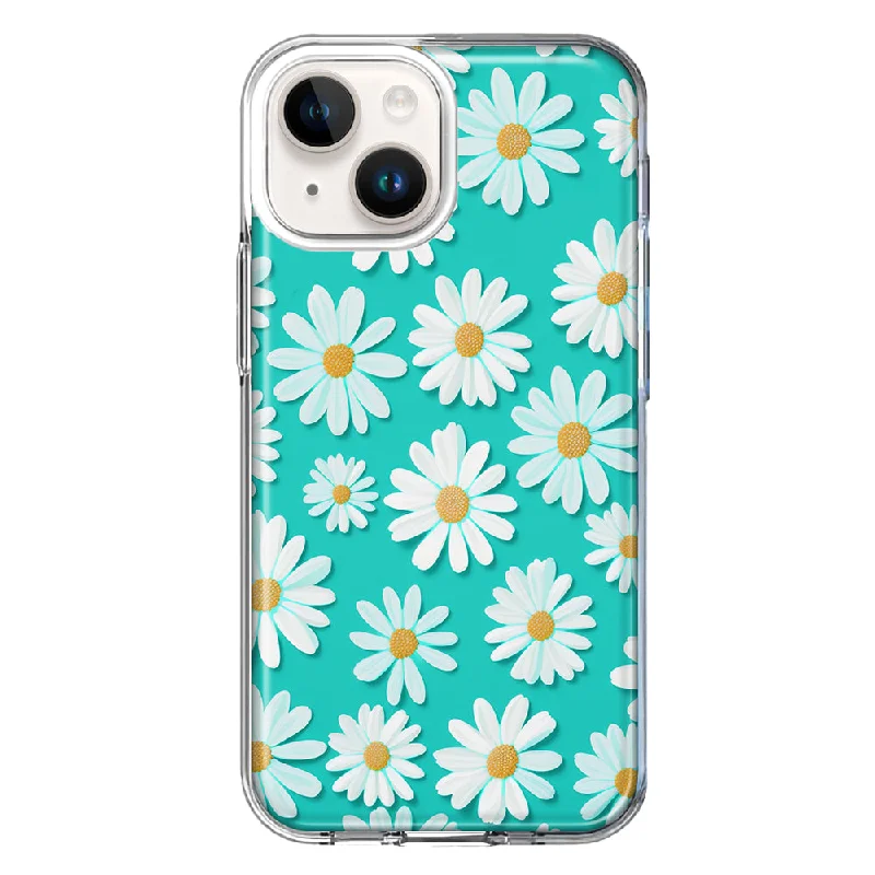 For Apple iPhone 15 Plus Turquoise Teal White Daisies Cute Daisy Polka Dots Case Cover