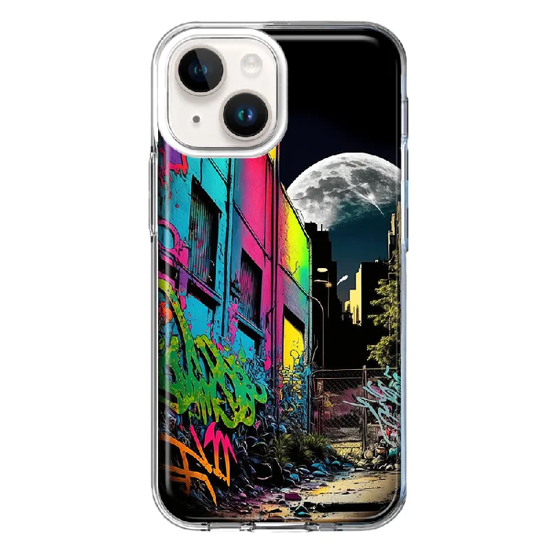 For Apple iPhone 15 Plus Urban City Full Moon Graffiti Painting Art Case Cover