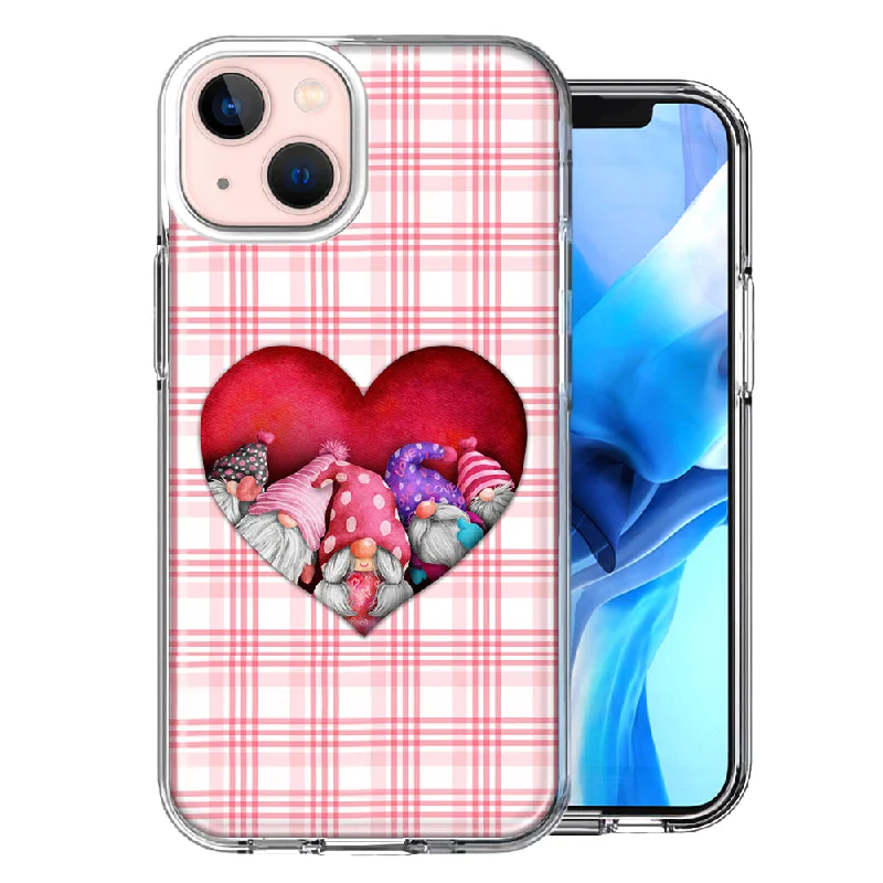 For Apple iPhone 15 Plus Valentine's Day Garden Gnomes Heart Love Pink Plaid Case Cover