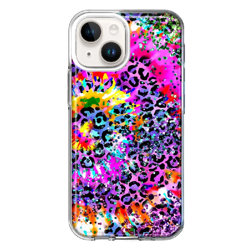 For Apple iPhone 15 Plus Vibrant Pink Purple Tie Dye Summer Leopard Swirl Rainbow Case Cover