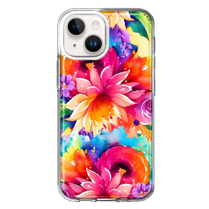 For Apple iPhone 15 Plus Watercolor Paint Summer Rainbow Flowers Bouquet Bloom Floral Case Cover