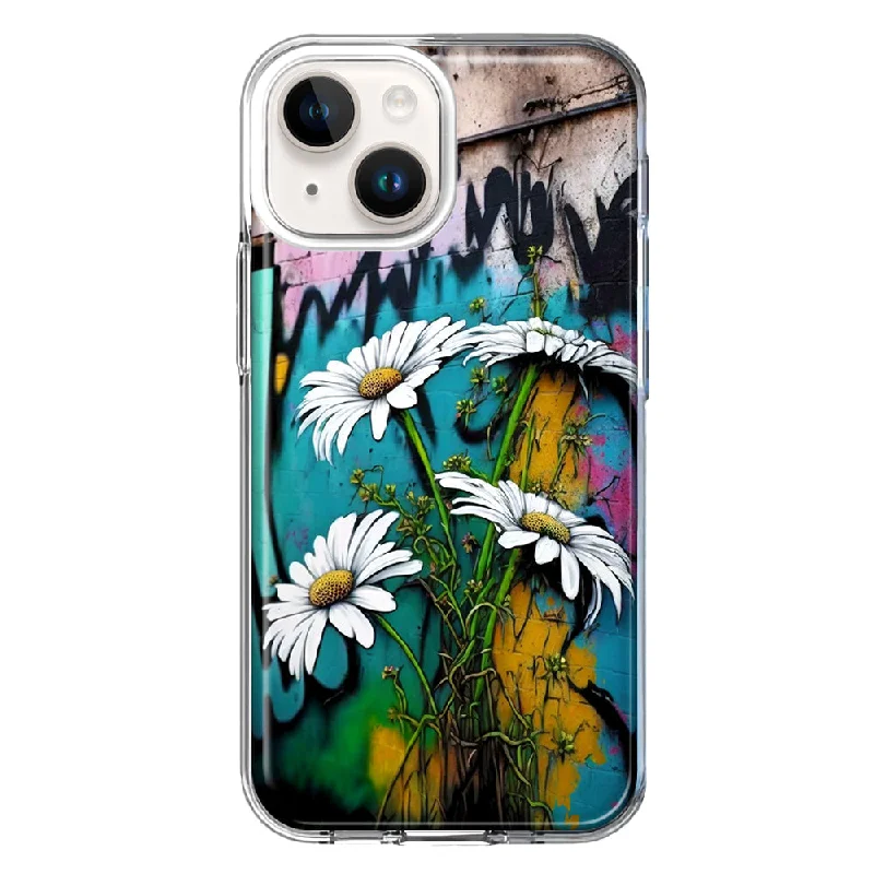 For Apple iPhone 15 Plus White Daisies Graffiti Wall Art Painting Case Cover