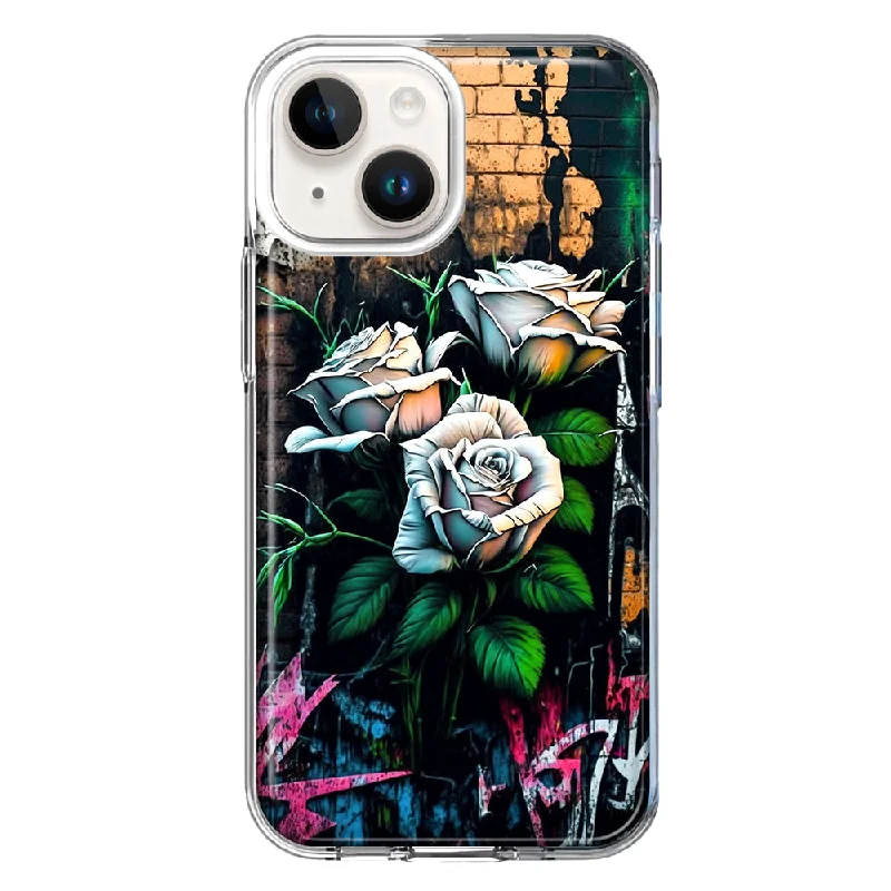 For Apple iPhone 15 Plus White Roses Graffiti Wall Art Painting Case Cover