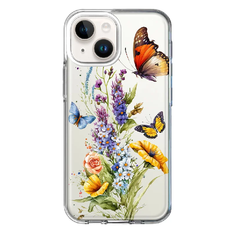 For Apple iPhone 15 Plus Yellow Purple Spring Flowers Butterflies Floral Case Cover