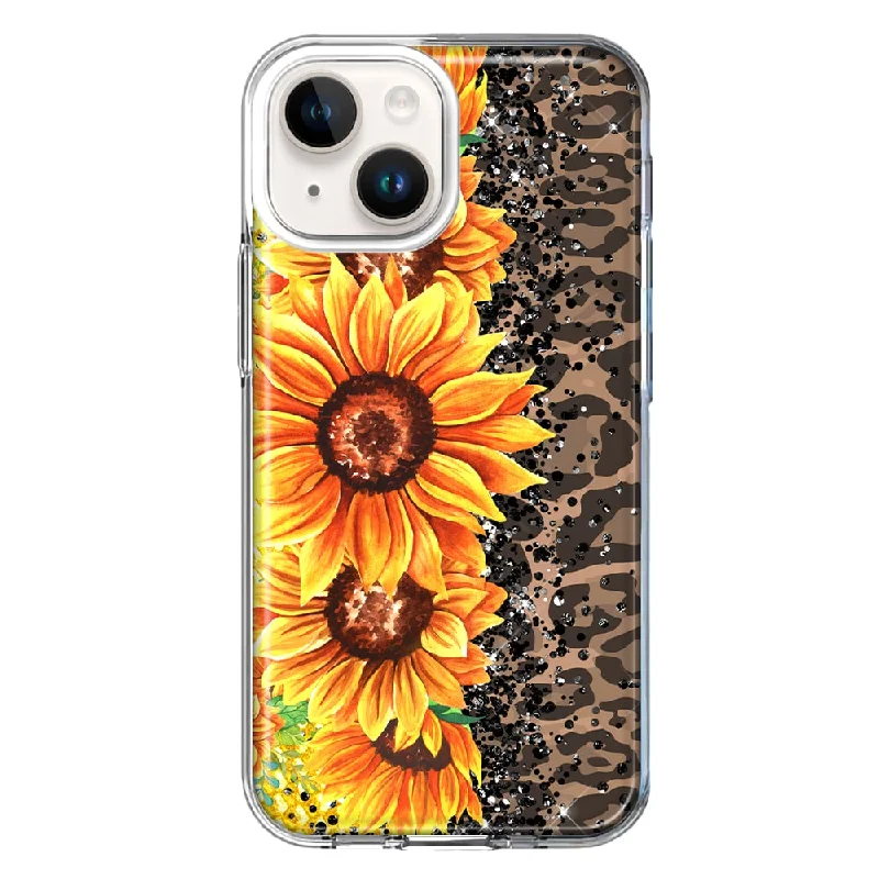 For Apple iPhone 15 Plus Yellow Summer Sunflowers Brown Leopard Honeycomb Case Cover