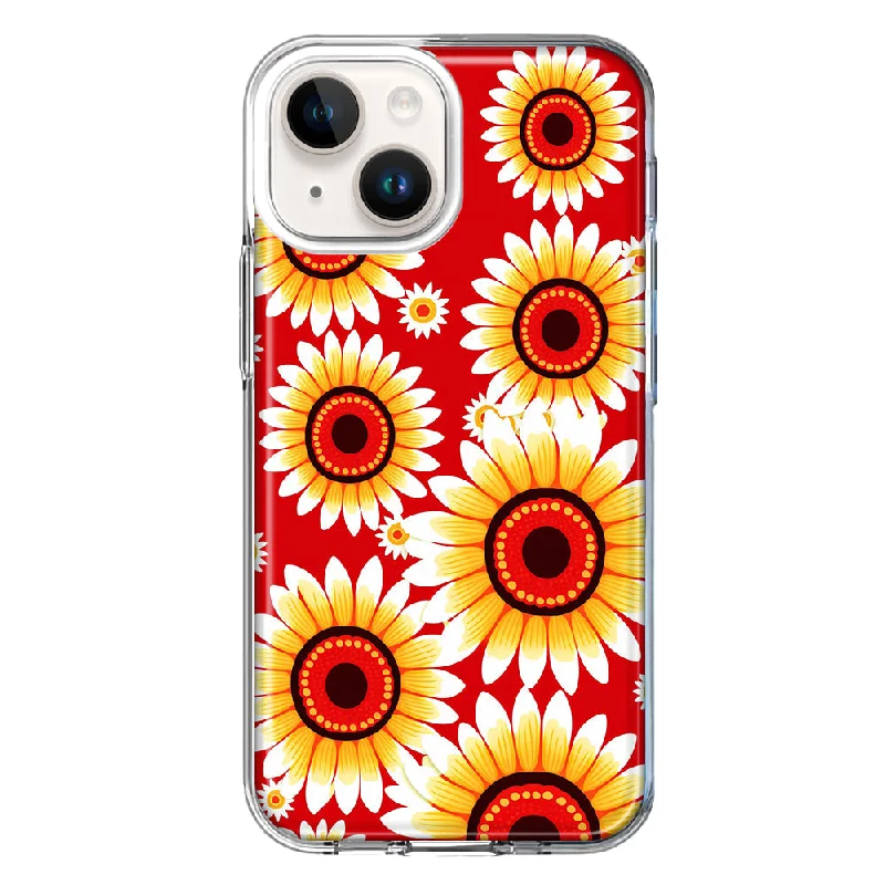 For Apple iPhone 15 Plus Yellow Sunflowers Polkadot on Red Case Cover