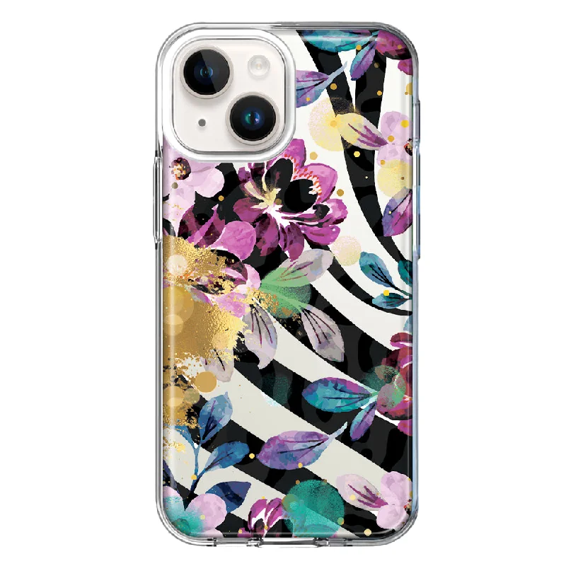 For Apple iPhone 15 Plus Zebra Stripes Tropical Flowers Purple Blue Summer Vibes Case Cover