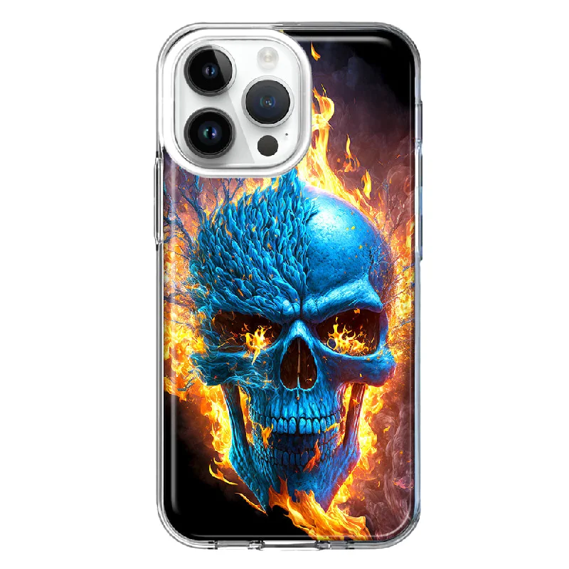 For Apple iPhone 15 Pro Blue Flaming Skull Burning Fire Double Layer Phone Case Cover