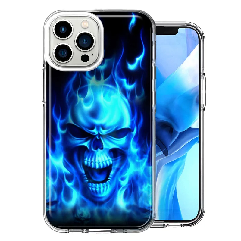 For Apple iPhone 15 Pro Blue Flaming Skull Double Layer Phone Case Cover