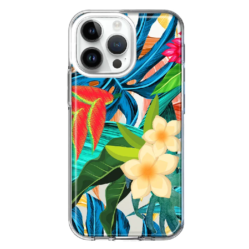 For Apple iPhone 15 Pro Blue Monstera Pothos Tropical Floral Summer Flowers Design Hybrid Protective Phone Case Cover