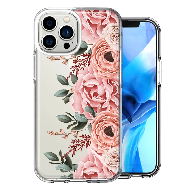 For Apple iPhone 15 Pro Blush Pink Peach Spring Flowers Peony Rose Design Double Layer Phone Case Cover