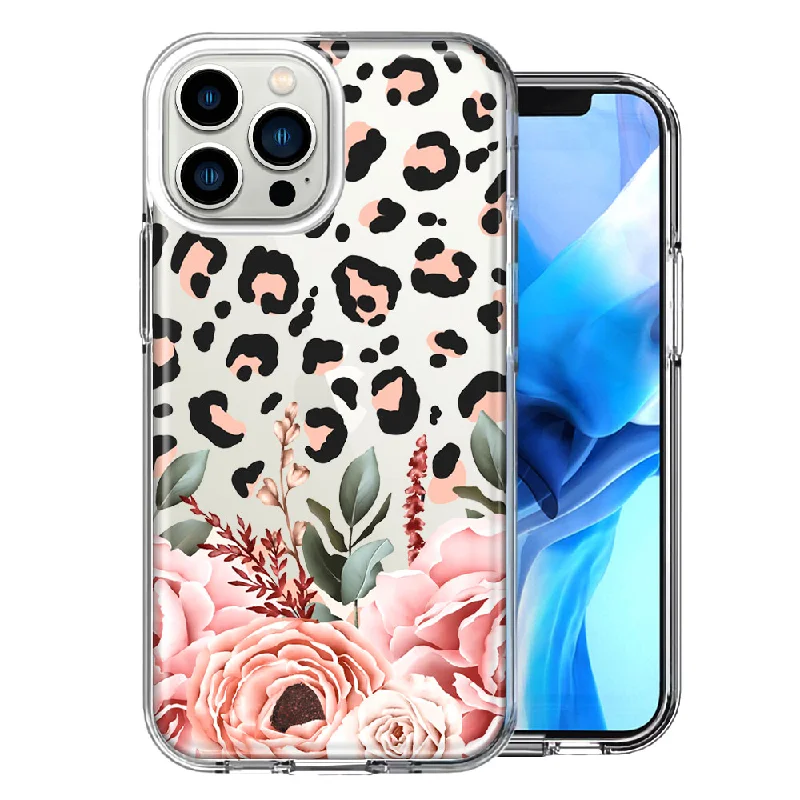 For Apple iPhone 15 Pro Classy Blush Peach Peony Rose Flowers Leopard Design Double Layer Phone Case Cover