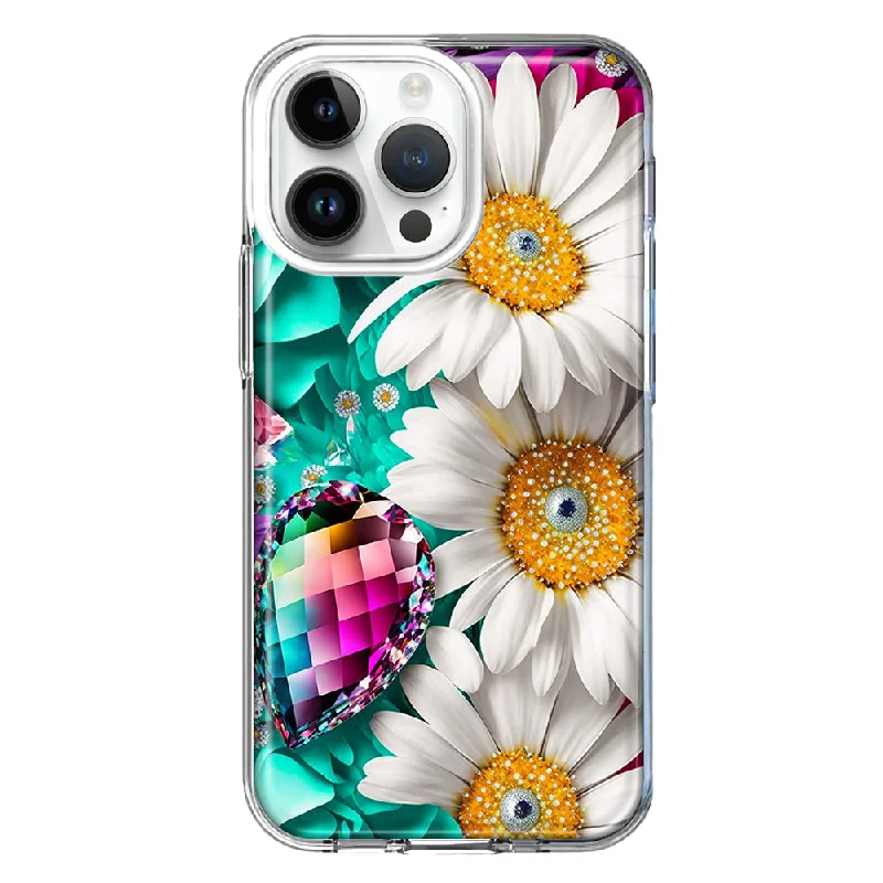 For Apple iPhone 15 Pro Colorful Crystal White Daisies Rainbow Gems Teal Double Layer Phone Case Cover