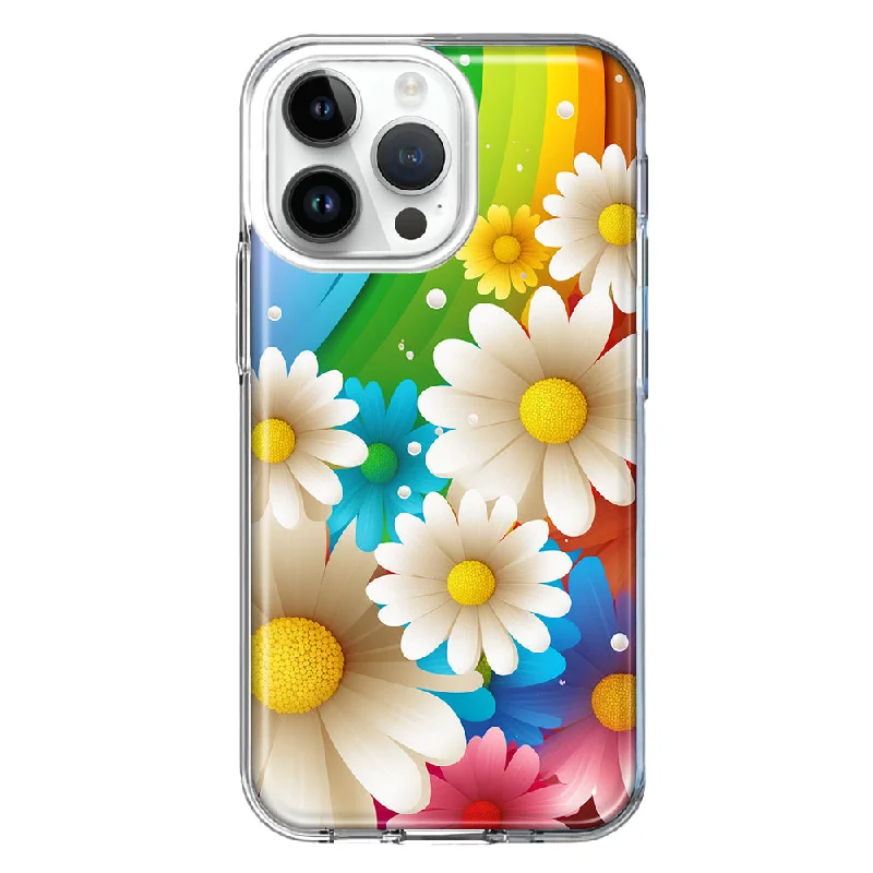 For Apple iPhone 15 Pro Colorful Rainbow Daisies Blue Pink White Green Double Layer Phone Case Cover