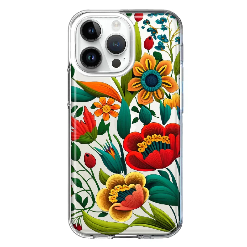 For Apple iPhone 15 Pro Colorful Red Orange Folk Style Floral Vibrant Spring Flowers Design Hybrid Protective Phone Case Cover