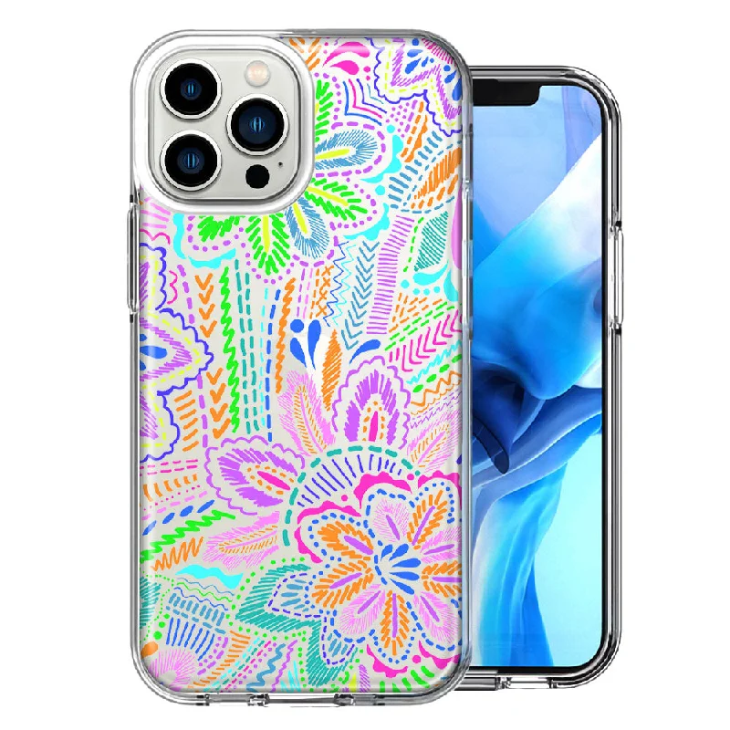 For Apple iPhone 15 Pro Colorful Summer Flowers Doodle Art Design Double Layer Phone Case Cover