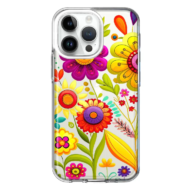 For Apple iPhone 15 Pro Colorful Yellow Pink Folk Style Floral Vibrant Spring Flowers Design Hybrid Protective Phone Case Cover