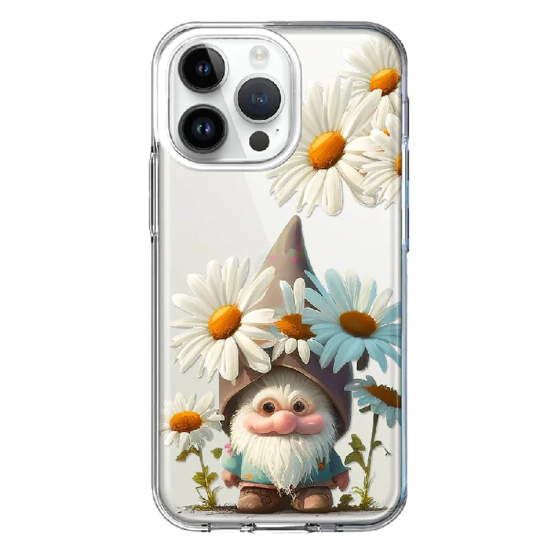 For Apple iPhone 15 Pro Cute Gnome White Daisy Flowers Floral Design Hybrid Protective Phone Case Cover