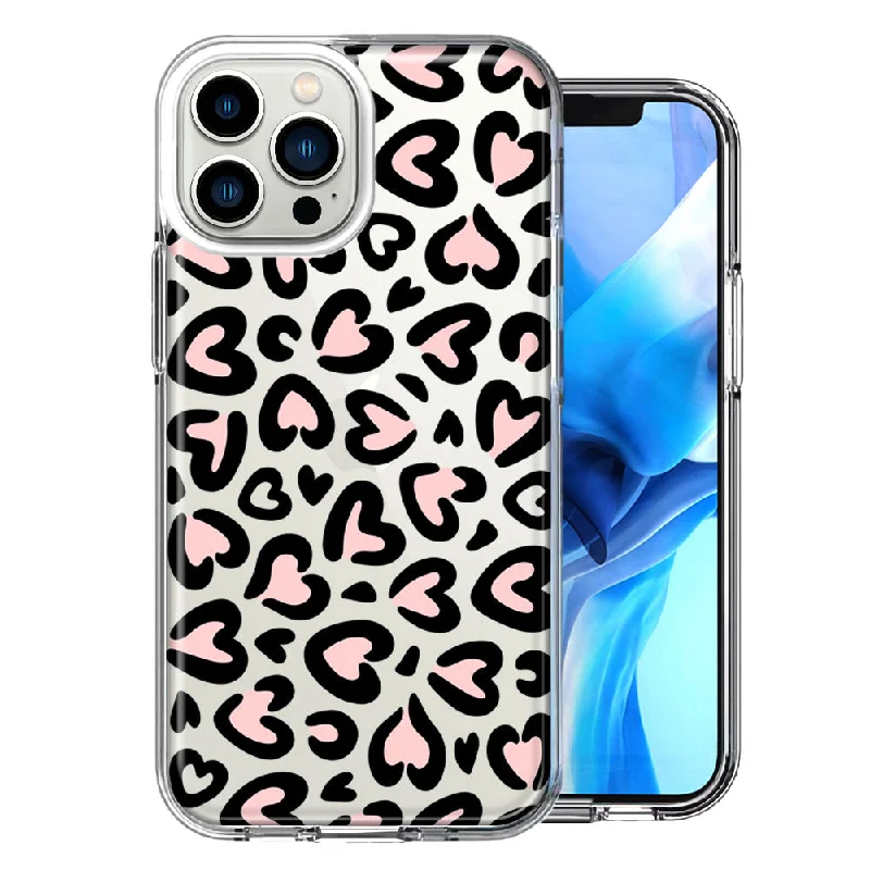 For Apple iPhone 15 Pro Cute Pink Leopard Print Hearts Valentines Day Love Double Layer Phone Case Cover