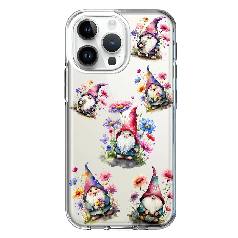 For Apple iPhone 15 Pro Cute Pink Purple Cosmos Flowers Gnomes Spring Floral Double Layer Phone Case Cover