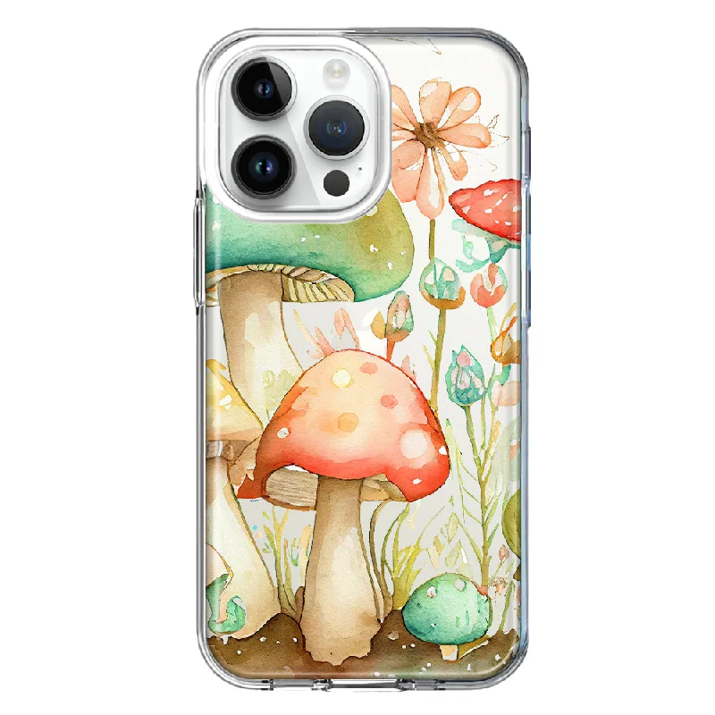 For Apple iPhone 15 Pro Fairy Tale Watercolor Mushrooms Pastel Spring Flowers Floral Design Hybrid Protective Phone Case Cover