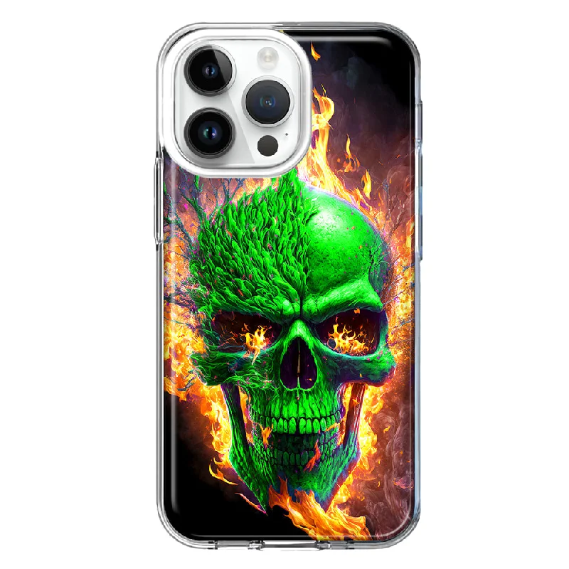 For Apple iPhone 15 Pro Green Flaming Skull Burning Fire Double Layer Phone Case Cover