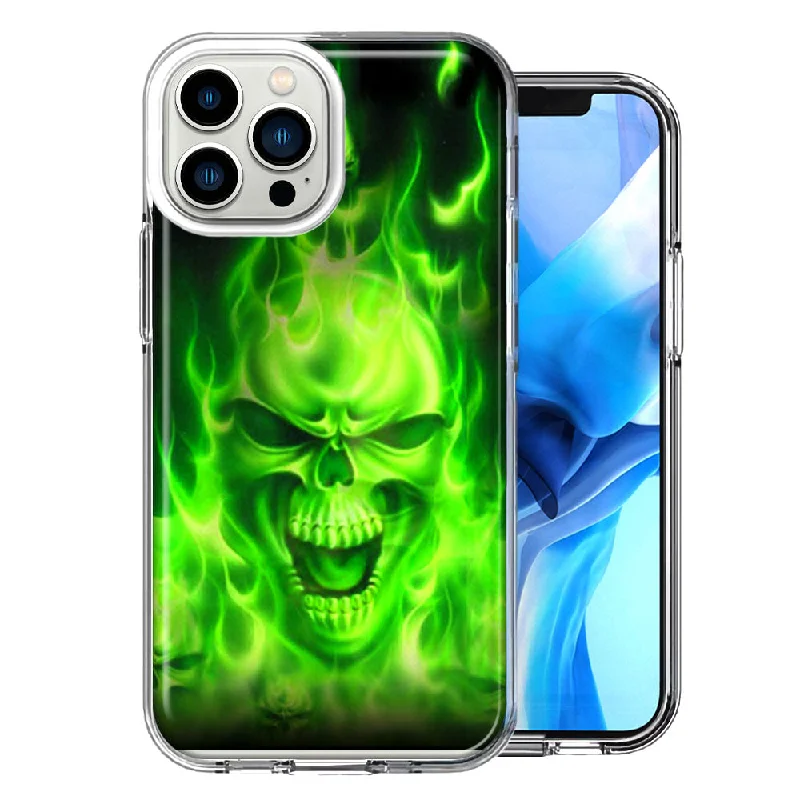 For Apple iPhone 15 Pro Green Flaming Skull Double Layer Phone Case Cover