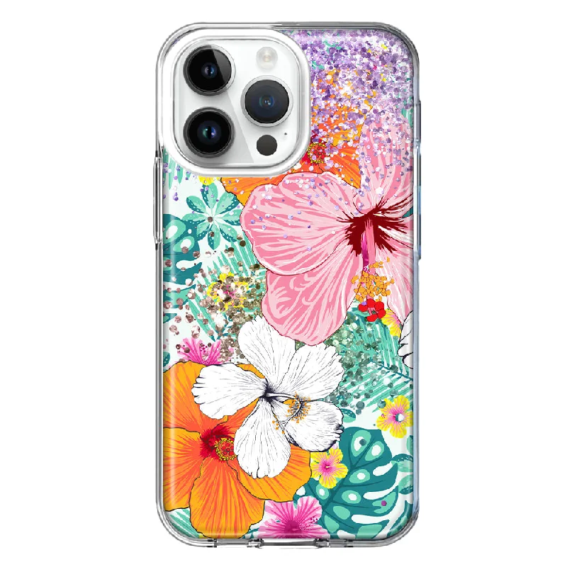 For Apple iPhone 15 Pro Hawaiian Vibes Hibiscus Flowers Monstera Vacation Summer Design Hybrid Protective Phone Case Cover