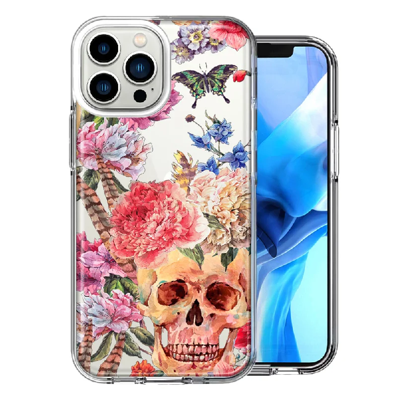 For Apple iPhone 15 Pro Indie Spring Peace Skull Feathers Floral Butterfly Flowers Design Double Layer Phone Case Cover