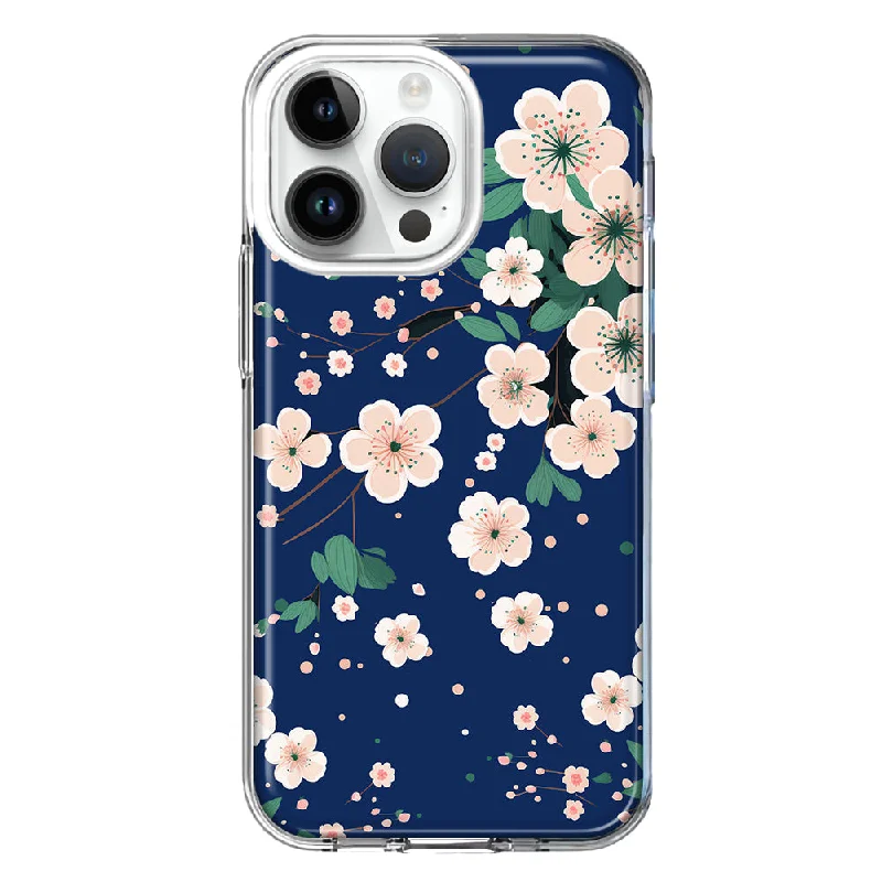 For Apple iPhone 15 Pro Kawaii Japanese Pink Cherry Blossom Navy Blue Design Hybrid Protective Phone Case Cover