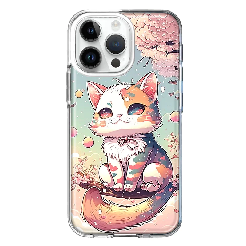 For Apple iPhone 15 Pro Kawaii Manga Pink Cherry Blossom Cute Cat Design Hybrid Protective Phone Case Cover