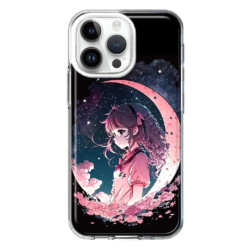 For Apple iPhone 15 Pro Kawaii Manga Pink Cherry Blossom Dreaming Moon Girl Hybrid Protective Phone Case Cover