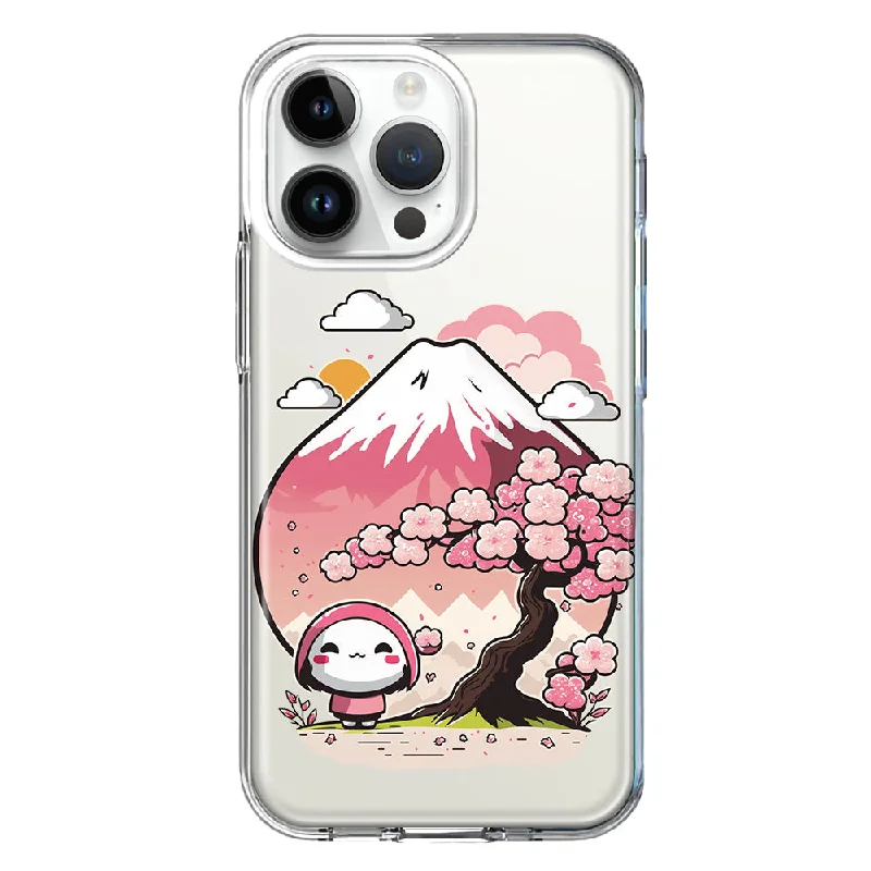 For Apple iPhone 15 Pro Kawaii Manga Pink Cherry Blossom Fuji Mountain Mochi Girl Hybrid Protective Phone Case Cover