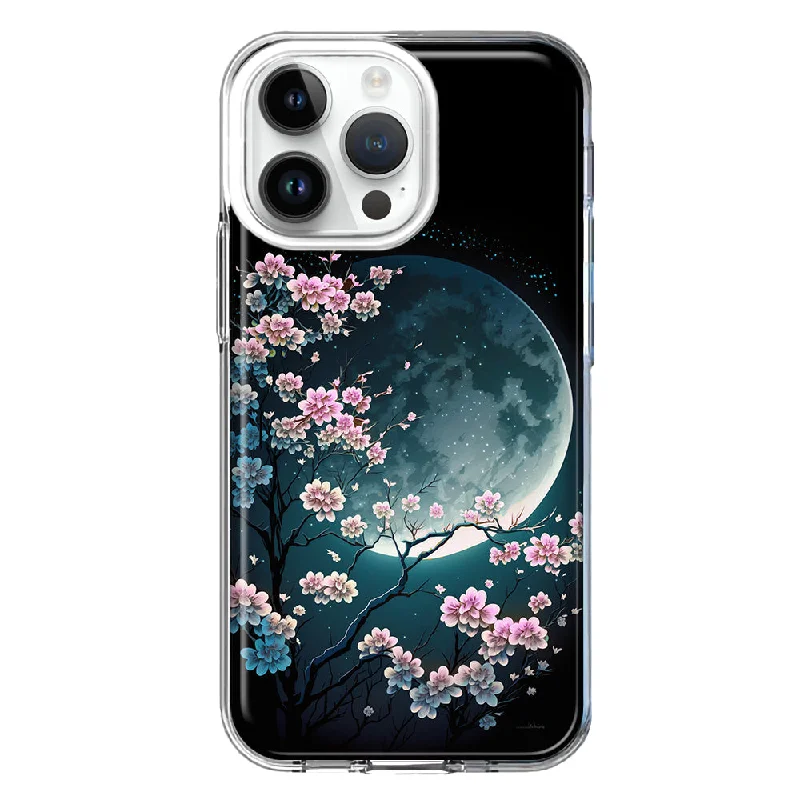 For Apple iPhone 15 Pro Kawaii Manga Pink Cherry Blossom Full Moon Design Hybrid Protective Phone Case Cover