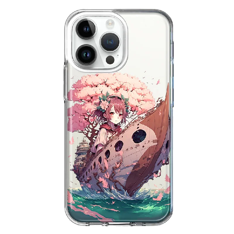 For Apple iPhone 15 Pro Kawaii Manga Pink Cherry Blossom Japanese Girl Boat Design Hybrid Protective Phone Case Cover