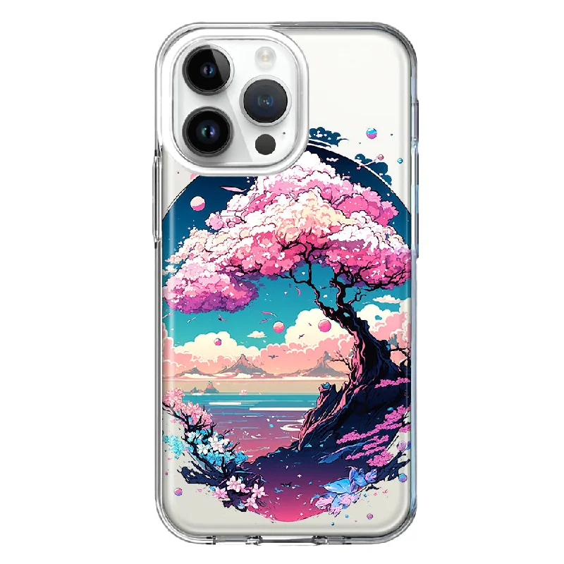 For Apple iPhone 15 Pro Kawaii Manga Pink Cherry Blossom Japanese Sky Floral Ocean Hybrid Protective Phone Case Cover