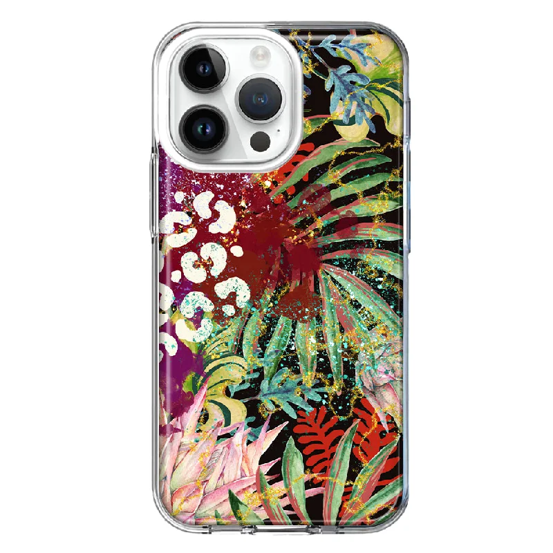 For Apple iPhone 15 Pro Leopard Tropical Flowers Vacation Dreams Hibiscus Floral Design Hybrid Protective Phone Case Cover