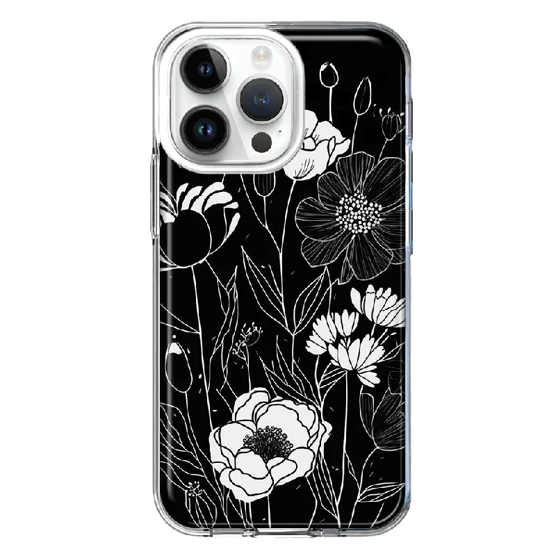 For Apple iPhone 15 Pro Line Drawing Art White Floral Flowers Hybrid Protective Phone Case Cover