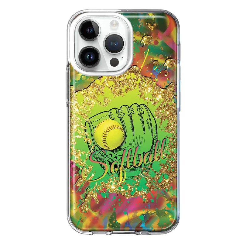 For Apple iPhone 15 Pro Love Softball Girls Glove Green Tie Dye Swirl Paint Design Hybrid Protective Phone Case Cover