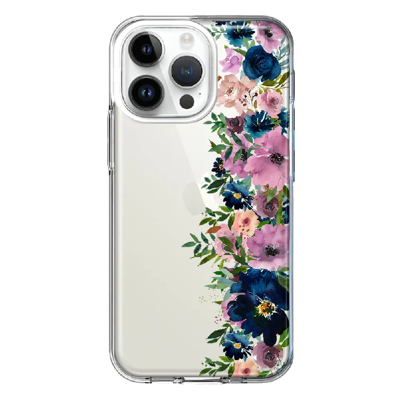 For Apple iPhone 15 Pro Navy Blue Summer Watercolor Floral Classic Purple Flowers Design Hybrid Protective Phone Case Cover