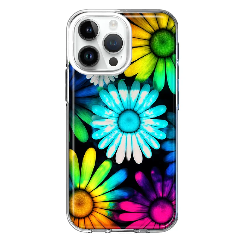 For Apple iPhone 15 Pro Neon Rainbow Daisy Glow Colorful Daisies Baby Blue Pink Yellow White Double Layer Phone Case Cover