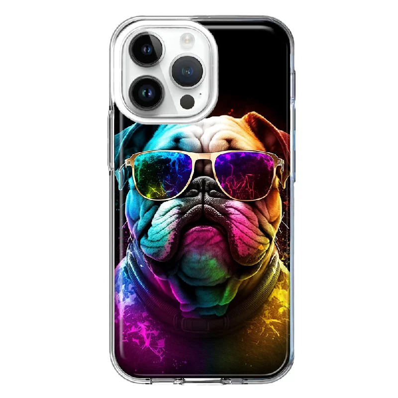 For Apple iPhone 15 Pro Neon Rainbow Glow Bulldog Hybrid Protective Phone Case Cover