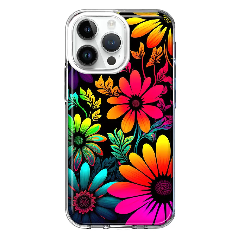 For Apple iPhone 15 Pro Neon Rainbow Glow Colorful Abstract Flowers Floral Hybrid Protective Phone Case Cover