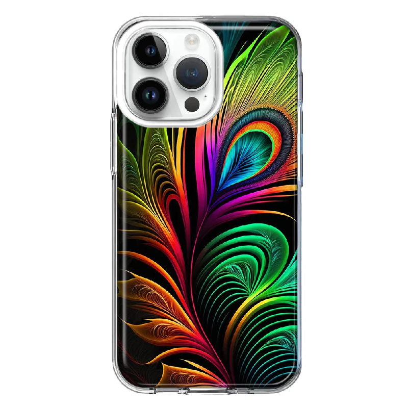 For Apple iPhone 15 Pro Neon Rainbow Glow Peacock Feather Hybrid Protective Phone Case Cover